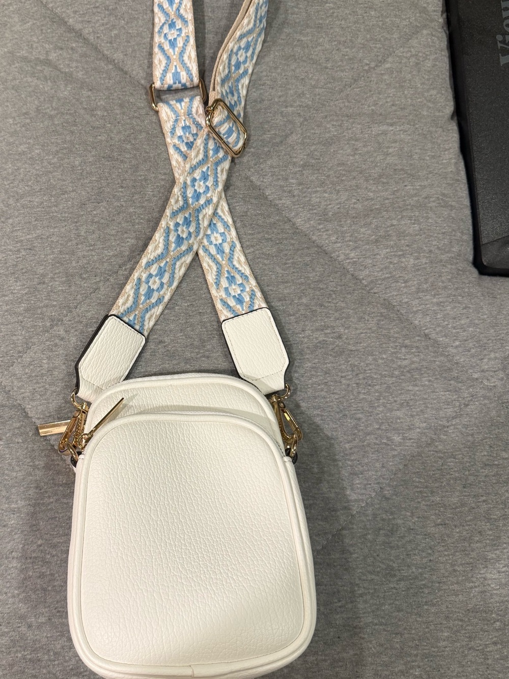 White Leather Crossbody Bag with Black & White Printed Lining